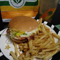 "Bacon cheese burger" with fries & chocolate peanut butter shake (already empty cause it was that good) at Plant Power Fast Food in Sacramento