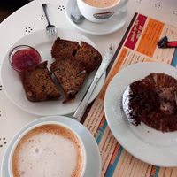 Banana & walnut loaf, chocolate orange muffin, oat milk coffee ☕️ 😋 at Good Stuff Cafe in Nerja