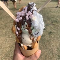 Bubble waffle with ice cream and toppings   at Lick in Holmfirth