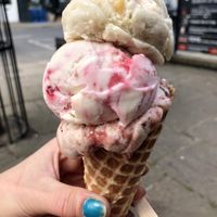 Banana fudge, raspberry ripple , and cherry chocolate, in waffle cone. £5  at Lick in Holmfirth