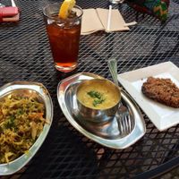 cabbage dish, daal, iced tea and oatmeal cookie at Vimala's Curryblossom Cafe in Chapel Hill