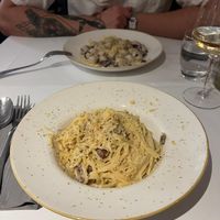front: vegan carbonara, back: vegan gorgonzola gnocchi  at La Soffitta Renovatio in Rome