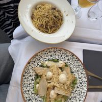 vegan carbonara and vegan caesar salad  at La Soffitta Renovatio in Rome