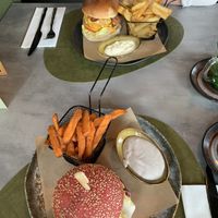 De roze is de vegan burger  at Beyond Lunchcafé & Patisserie in Nuenen