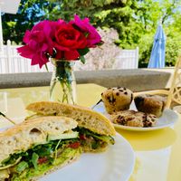 Sandwich includes avocado, hummus, roasted red peppers, arugula, cucumber, marinated artichokes at Crandall Coffee Co in Kettle Falls