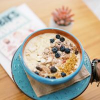 Yellow Submarine smoothie bowl at Rubik's in Thessaloniki