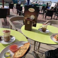 Cappuccino with soy milk and tostada   at Chocolatería Valor in Santa Pola