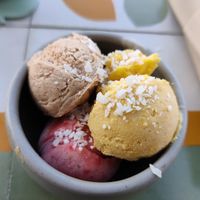 Vegan ice cream (mango, strawberry, dates and tahini, almond). Tasty except for mango at Alkalime in Abu Dhabi
