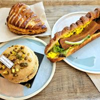 Delicious bacon mimosa sandwich, chausson au pommes and pistachio macaron at Land & Monkeys - Amsterdam in Paris