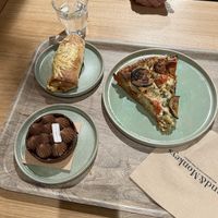Quiche, sausage roll with cheese and chocolate tart  at Land & Monkeys - Amsterdam in Paris