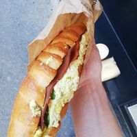 2md round, vegan bacon and scrambled egg I guess? at Land & Monkeys - Amsterdam in Paris