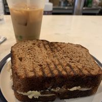 Iced vanilla latte with oat and a vegan fungui sandwich  at HiLo in Catskill