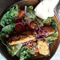 Sweet potato falafel, houmous, grains, maple syrup walnuts, pitta. A slightly lighter and probably healthier option, but still quite filling. at Perch on Lancing Beach in Lancing