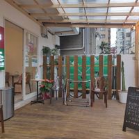 The outdoor area in the front of the shop at Vegan Gyoza Yu Cafe in Tokyo