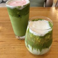 strawberry matcha & caramel matcha lattes  at Vegan Gyoza Yu Cafe in Tokyo