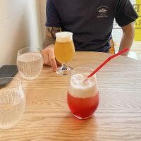 Strawberry soda with cream and a beer   at Vegan Gyoza Yu Cafe in Tokyo