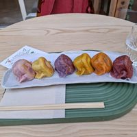 From left to right: crown daisy (chrysanthemum), shiitake mushroom,  kimchi, coriander, eggplant, ginger. at Vegan Gyoza Yu Cafe in Tokyo