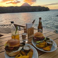 Veggie Burgers, Kombucha, Toña beer at El Pital in Ometepe