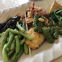 Different veggies from the buffet with white rice as side dish   at Qiān Cǎo SùShí 芊草素食  in Kaohsiung