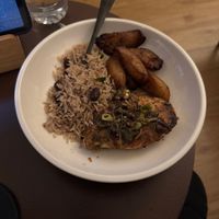vegan 24hr jerk marinated chicken with rice and peas & plantains  at Turtle Bay in Colchester