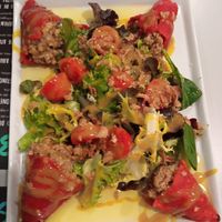 Pimientos rellenos de soja con salsa de mostaza y sirope de agave at Acherito in Jaca