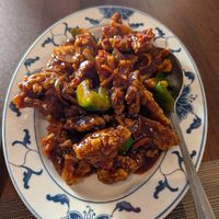 General Tso with mock chicken - really tasty and huge portion, comes with white rice at Hung Paradise in Oranjestad