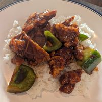 General Tso with mock chicken on top of rice. This will be 2, maybe 3 portions for me. Really tasty! at Hung Paradise in Oranjestad
