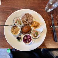 ‘Hamburg steak’ style lentil patty + sides  at Saishoku Ryouri F - Vegan Restaurant F in Kyoto