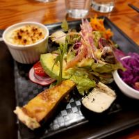 Entrée - handmade cheeses, quiche, potato gratin, avocado salad at Saishoku Ryouri F - Vegan Restaurant F in Kyoto