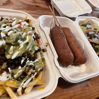 Asada fries, corn dogs, tacos, and more 💚🌱  at De La Tierra Vegan Food Truck in San Jose