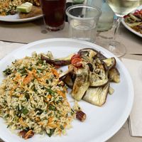 Basmati rice salad and fried eggplant with organic sparkling wine at La Cucina Dei Colori in Catania