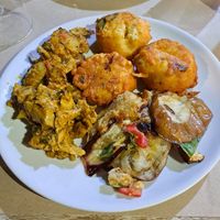 Millet Croquettes, vegan Pulled with sauteed veggies and Eggplants at La Cucina Dei Colori in Catania