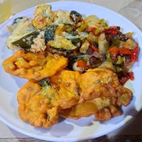 Chickpeas flour and vegetable fritters (vegan), caponata (vegan), Zucchini au gratin (vegetarian) at La Cucina Dei Colori in Catania