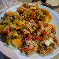 Caponata, vegan Pulled with sauteed veggies, wholewheat pasta with eggplants cherry tomatoes and cheese (vegetarian) at La Cucina Dei Colori in Catania