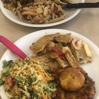 Cous cous, seitan, fried potato cake at La Cucina Dei Colori in Catania