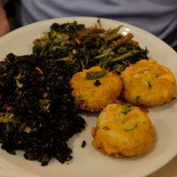 Mixed dish- croquettes, black rice, vegetables at La Cucina Dei Colori in Catania