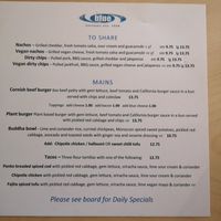 December 2022 menu at Blue Bar in Porthtowan