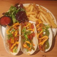KSK VEGAN TACOS: SHREDDED GEM LETTUCE THAI VEG FRIES MEXICAN SPICED VEGAN CHICKEN & TOMATO SALSA at King Street Kitchen in Knutsford