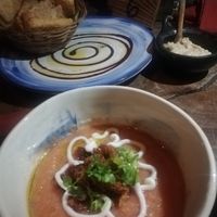 Watermelon gazpacho and bread at Yay Sustainable Restaurant in Magdalena