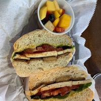 Knuckle sandwich with fruit. Love the fluffy bread  at Living on the Veg in Manahawkin