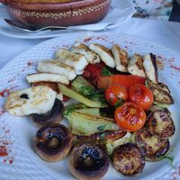 Grilled tofu with vegetables at Donji Grad in Belgrade