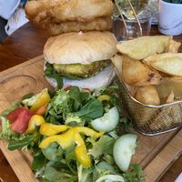 Vegan burger topped with onion rings  at Red Lion Inn in Redbourne