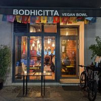outside at Bodhicitta Vegan Bowl in Berlin