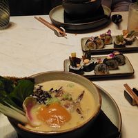 Ramen with "vegg yolk", age maki and yasai maki at UME in Playa Del Carmen