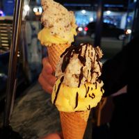 Mandarin Sorbet on the bottom, Banana Stracciatella Gelato on top at Chicho Gelato in Perth