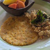 Breakfast Included (Vegan version with Arepa + Fruit + Scrambled Tofu) at Yay Sustainable Restaurant Lodge in Magdalena