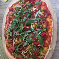 Veggie Flammkuchen with tomatoe sauce instead of cheese at Die Kramerey in Eggenburg