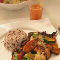 The best vegan proteins with veggies and rice  at Loving Hut in Menton