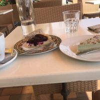 Matcha & Pistachio and fruit cheesecake yummy at Loving Hut in Menton