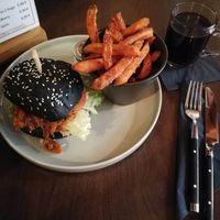 Black jack burger with fried sweet patatoes at Rothen-Burger in Rothenburg Ob Der Tauber
